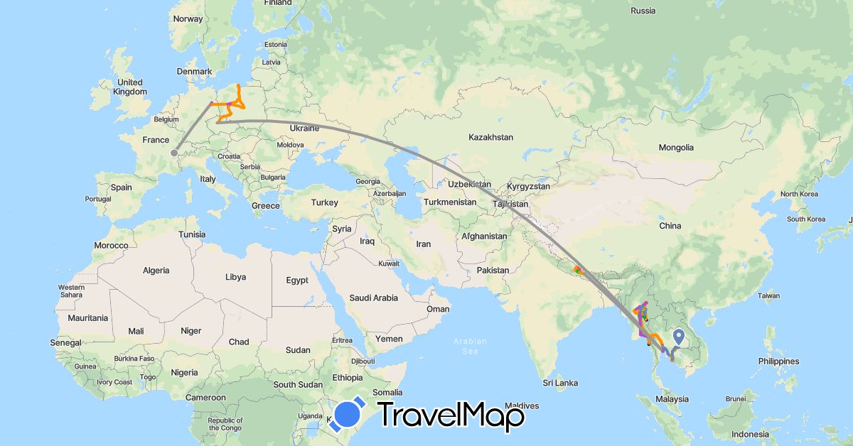 TravelMap itinerary: driving, bus, plane, cycling, train, hiking, boat, hitchhiking, motorbike in Switzerland, Czech Republic, Germany, Myanmar (Burma), Nepal, Poland, Thailand (Asia, Europe)